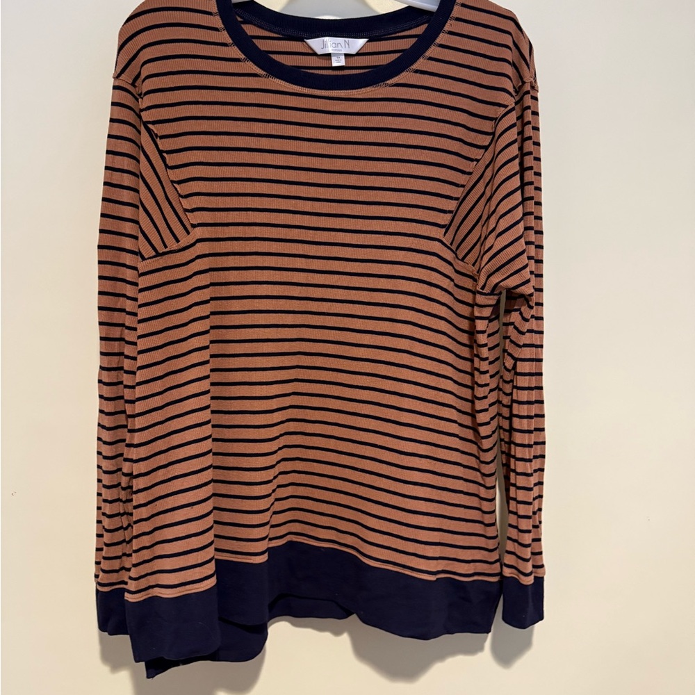 Jillian N Striped Brown Navy Long Sleeve Ribbed Rayon Top, size 1X
